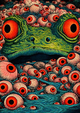 Surreal Frog Surrounded by Many Eyes