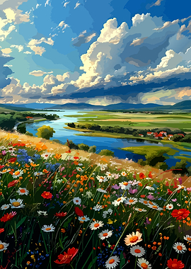 Vibrant Wildflower Meadow Overlooking River
