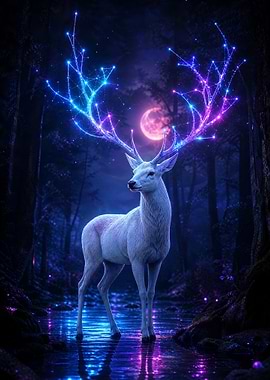 Ethereal Cosmic Deer in Enchanted Forest