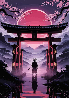 Samurai Standing Under Torii Gate