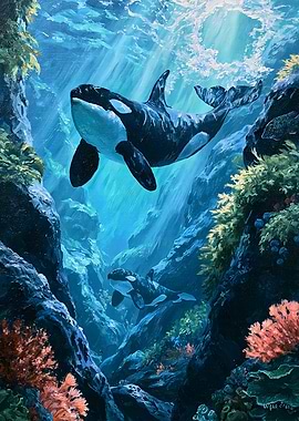 Orcas Swimming in Underwater Canyon