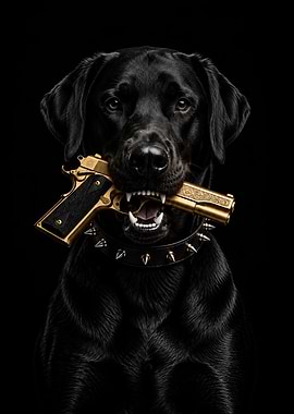 Black Labrador Holding Gold Pistol