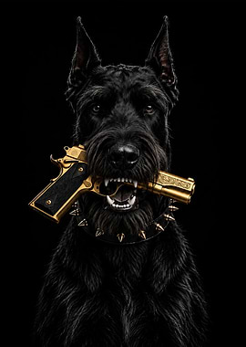 Black Dog Holding Gold Pistol
