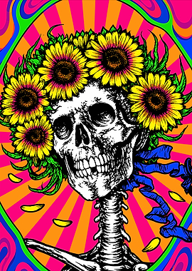 Psychedelic Grateful Dead Skull Sunflower Art