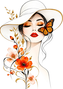 Elegant Woman with Flowers and Butterfly