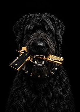 Black Dog Holding Gold Pistol
