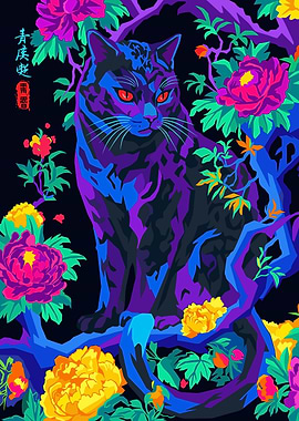Neon Cat Among Vibrant Peonies