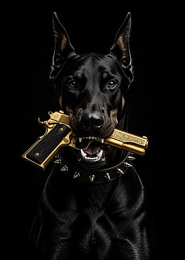 Doberman Holding Gold Pistol