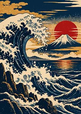 Mount Fuji and Ocean Wave Japanese Ukiyo-e Metal Poster