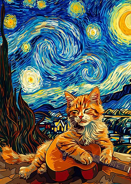 Cat Guitar Night Sky Post Impressio