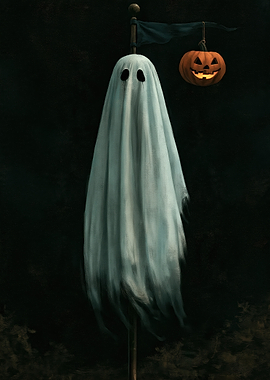 Ghost with Jack-o'-lantern on Flagpole