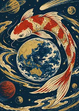 Japanese Koi Fish Orbiting Earth Ukiyo-e Woodblock Art Print