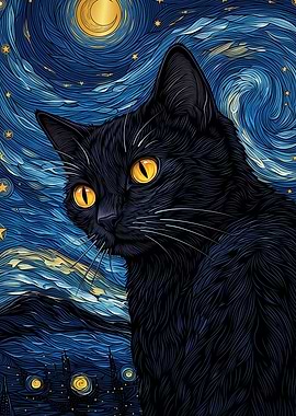 Black Cat Starry Night Oil Art