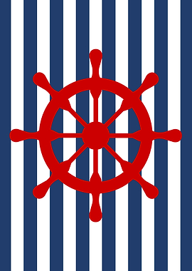 Red Ship Wheel on Striped Background