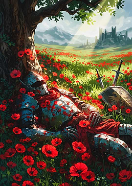 Fallen Knight Resting in Poppy Field