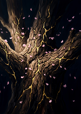 Kintsugi Tree with Falling Petals