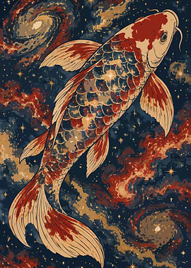 Japanese Koi Fish in a Cosmic Nebula Ukiyo-e Metal Poster, No Text