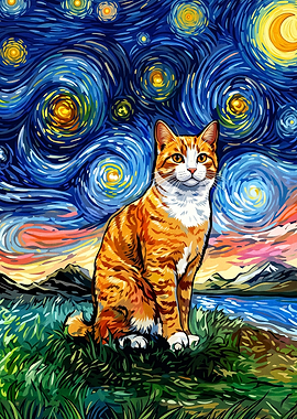 Cat Night Sky Swirls Impressionist