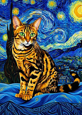 Cat Starry Night Oil Painting Poste