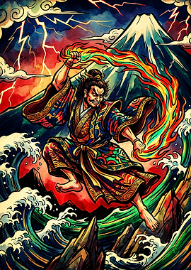 Samurai Warrior Controlling Fire and Water