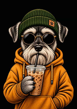 Cool Schnauzer Drinking Iced Coffee