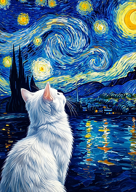 Cat Starry Night Impressionist Art