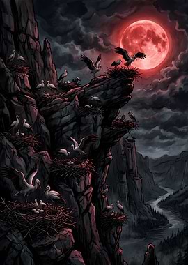 Storks Nesting Under Red Moon