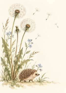 Watercolor Hedgehog with Dandelions