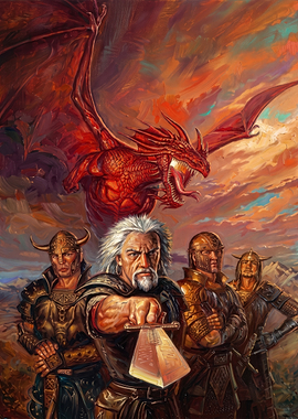 Fantasy Warriors Facing a Red Dragon