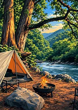 Serene Riverside Camping Scene