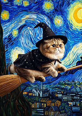 Cat Witch Broom Starry Night Art
