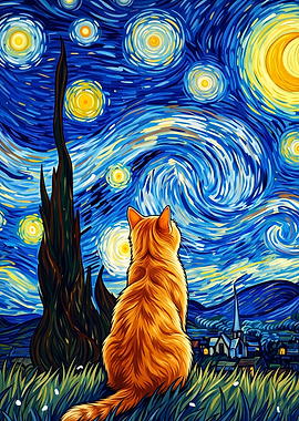 Cat Starry Night Impasto Poster