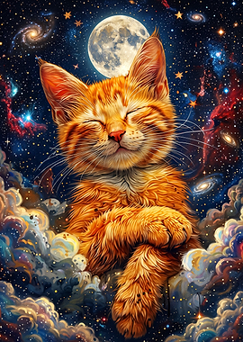 Cosmic Cat Galaxy Moon Space Art