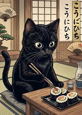 Black Cat Eating Sushi Illustration