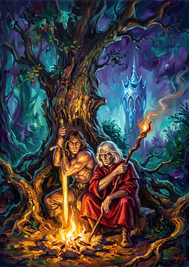 Fantasy Warriors Resting by Campfire