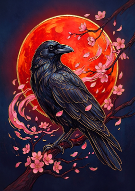 Raven Perched on Cherry Blossom Branch