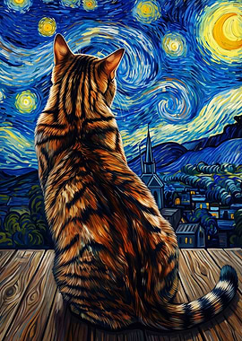 Cat Starry Night Oil Painting Art