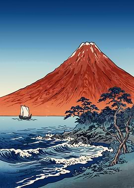 Ukiyo-e Style Mount Fuji Landscape