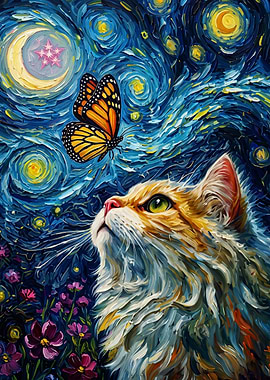 Cat Butterfly Night Sky Oil Art