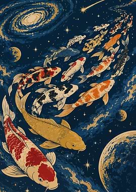 Japanese Art Poster: Koi Fish School Among the Stars, Limited Colors