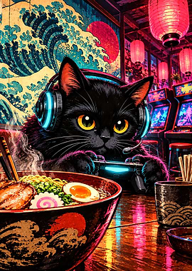 Gamer Black Cat Eating Ramen