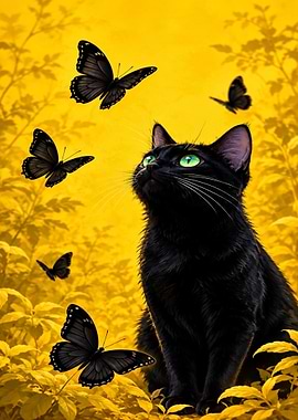 Black Cat and Butterflies