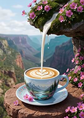 Milk Pouring into Mountain Coffee Cup