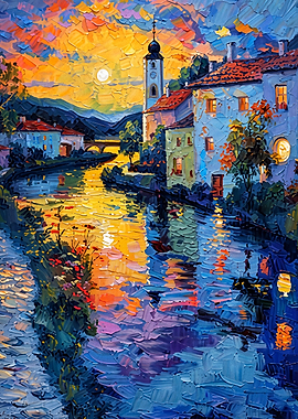 European Town River Sunset Art