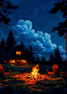 Cozy Cabin Campfire Under Starry Sky