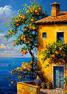 Italian Villa Sea View Oil Art