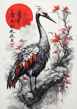 Japanese Crane with Red Sun