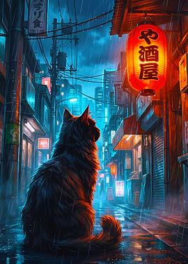 Black Cat in Rainy Japanese Alley