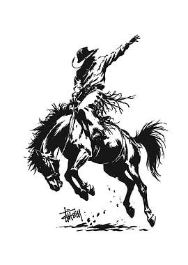 Black and White Cowboy Rodeo Illustration