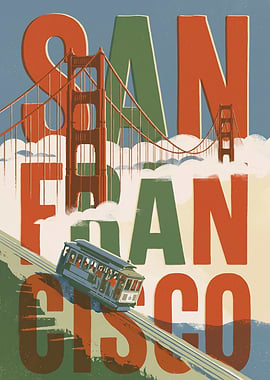 Vintage San Francisco Travel Poster - Golden Gate Bridge & Cable Car Retro City Wall Art Print